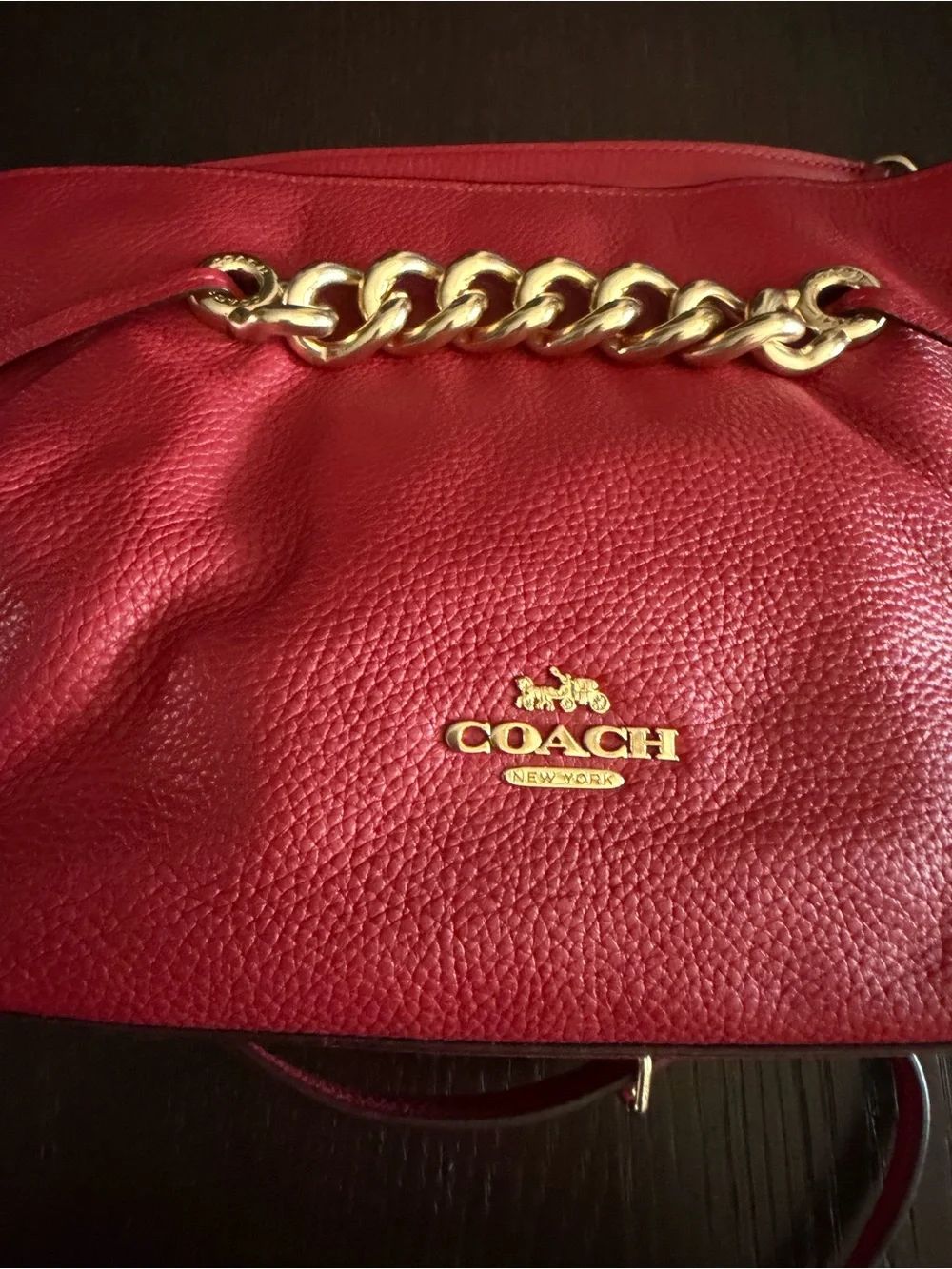 Coach Red Pebbled Leather Shoulder Bag with Gold Chain Detail